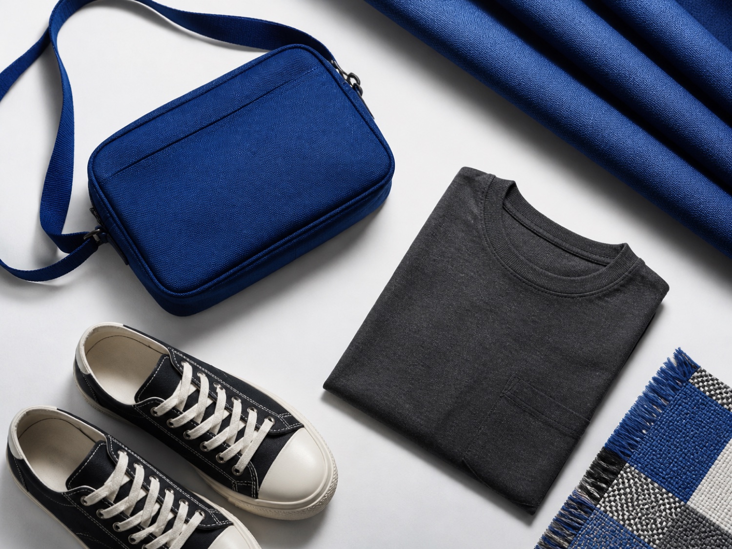Bolsa azul, calçados, camiseta e tecidos organizados sobre uma mesa clara